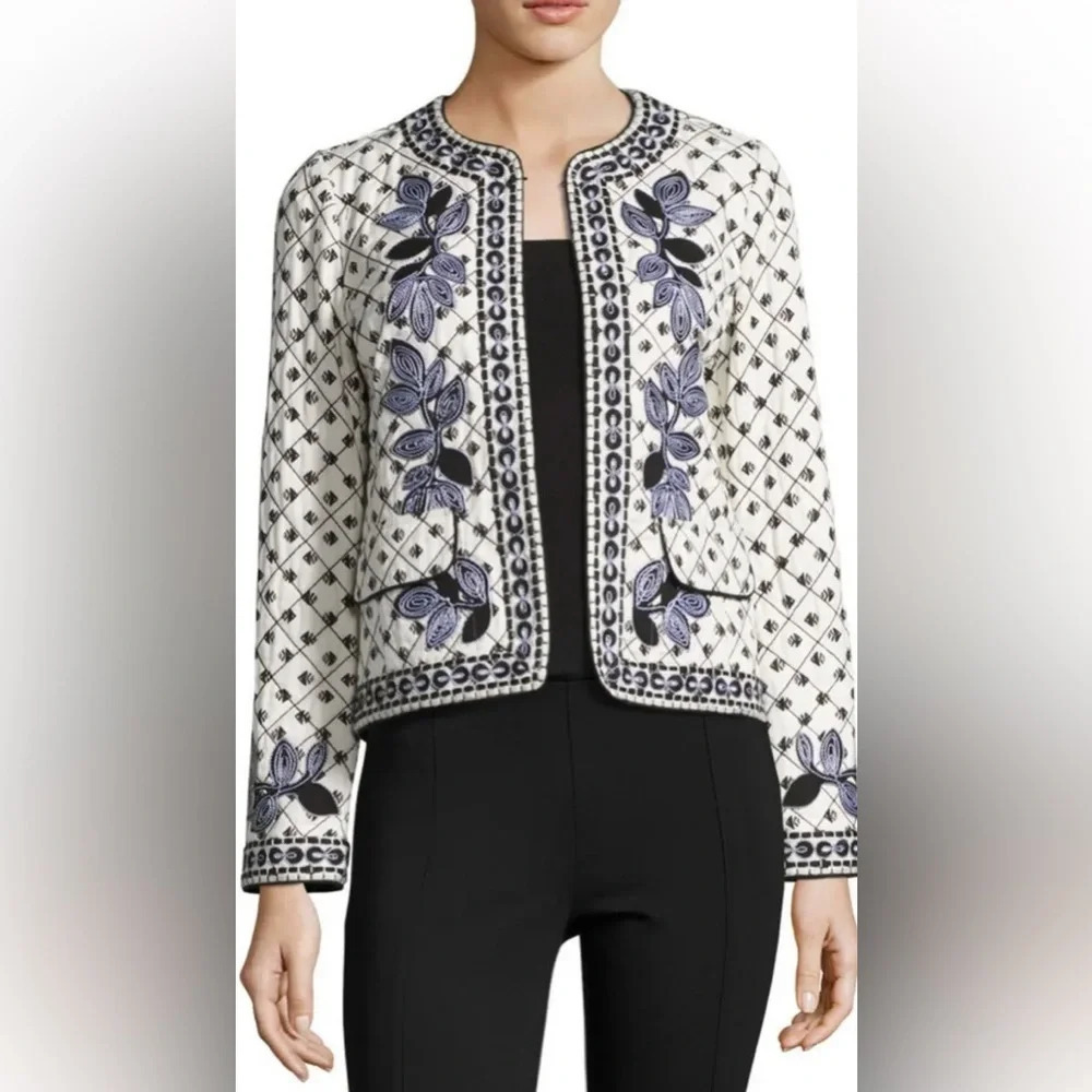 Tory Burch Jacket Quilted Tilda Embroidered Fish‎ Floral Jacket Patchwork Ivory